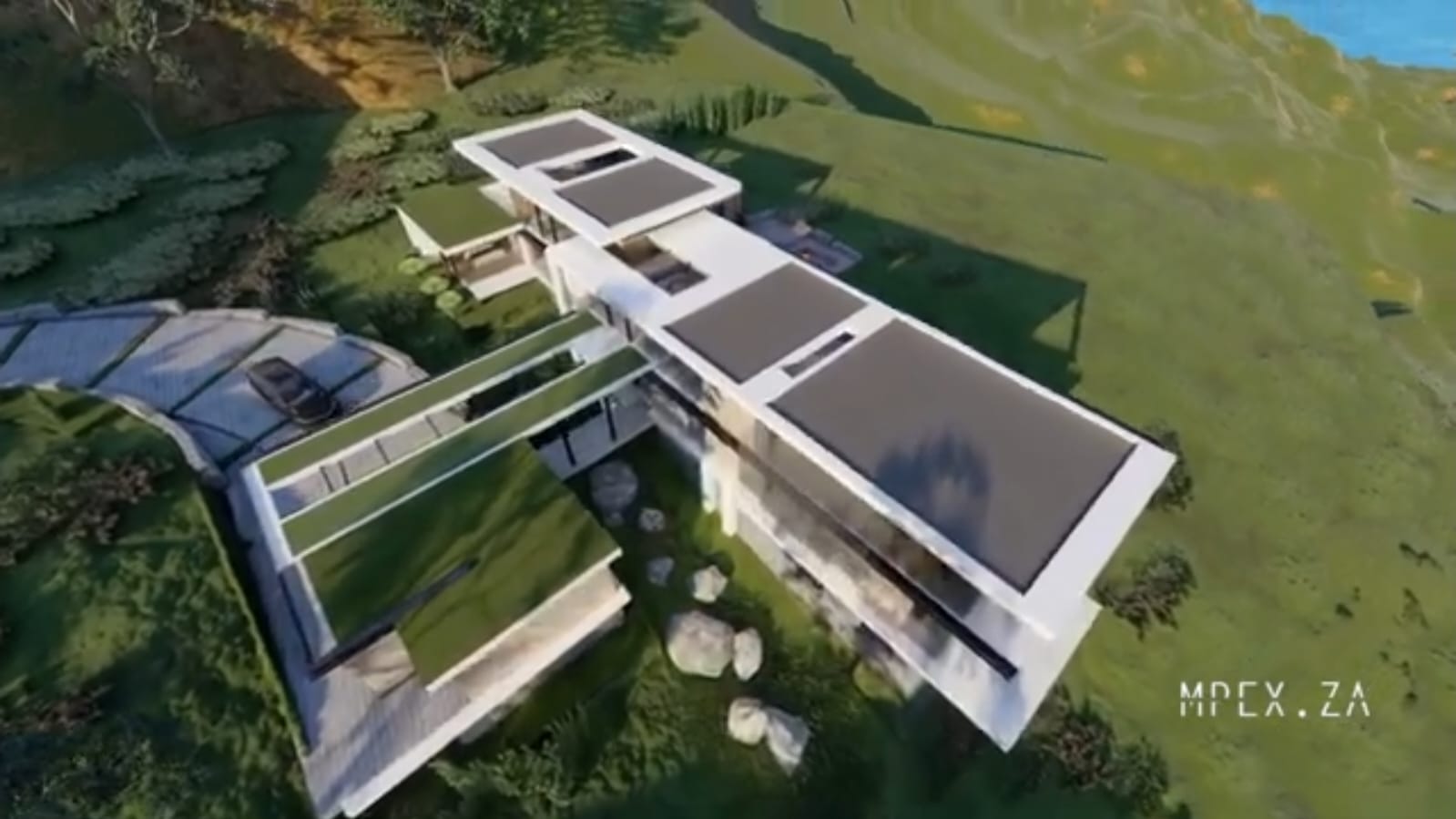 Aerial rendering of a modern home